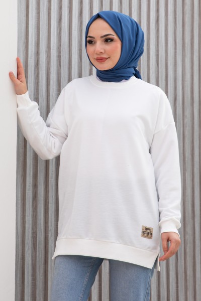 Ekru Bisiklet Yaka Basic Vorteks Sweat