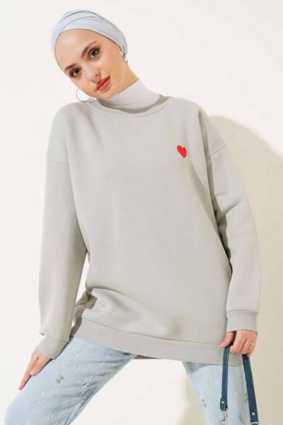 Açık Gri 3 İplik Kalp Nakışlı Sweatshirt